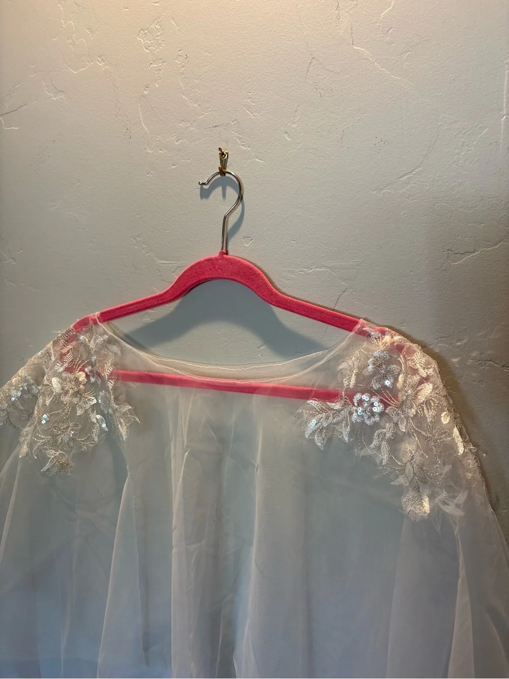 Embroidered Bridal Cape with Floral Lace Applique with Sequins - Cream/White - Picture 4 of 9